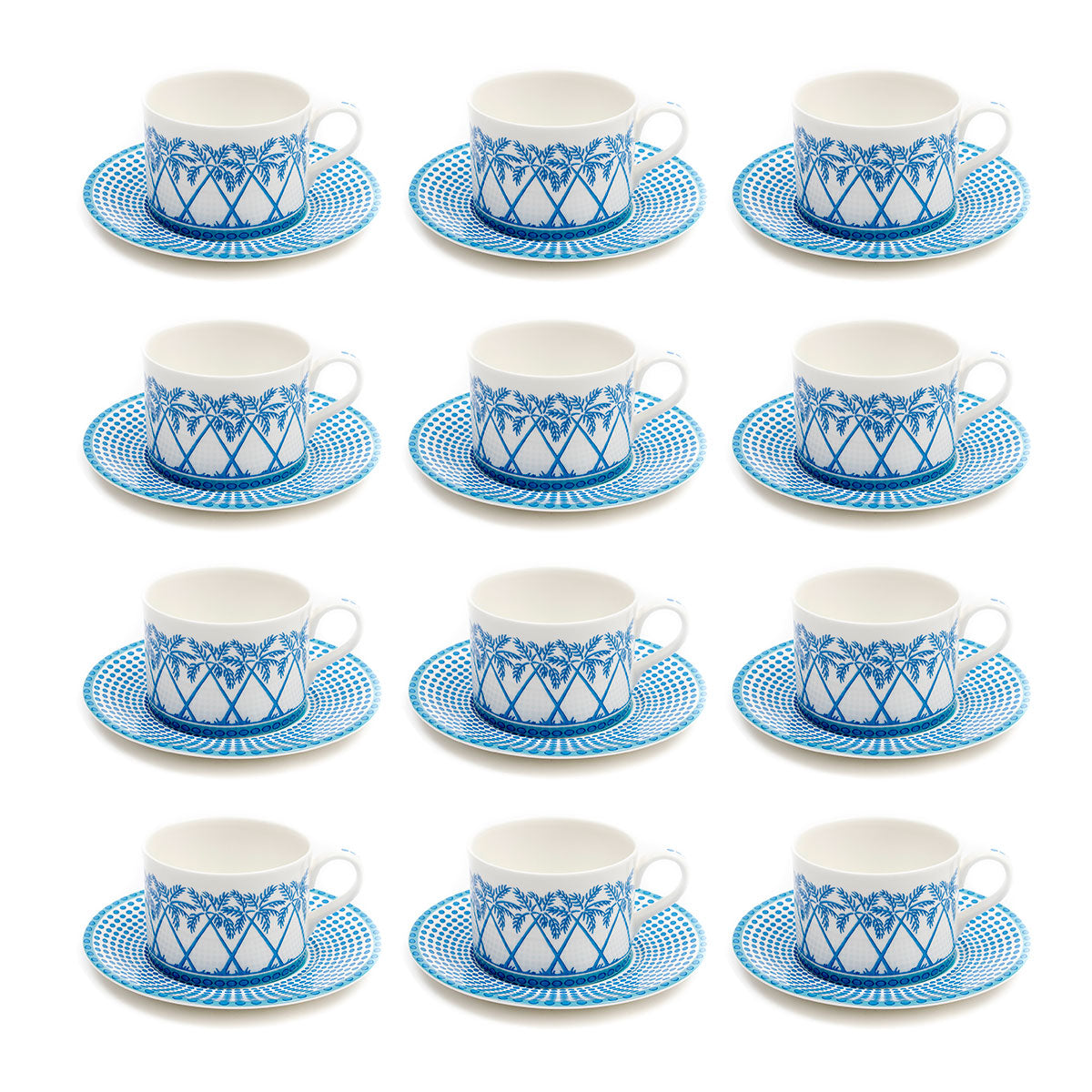 Fine bone china coffee cup and saucer set for 12 place settings (24 pieces) in Palms blue design by Lotty B