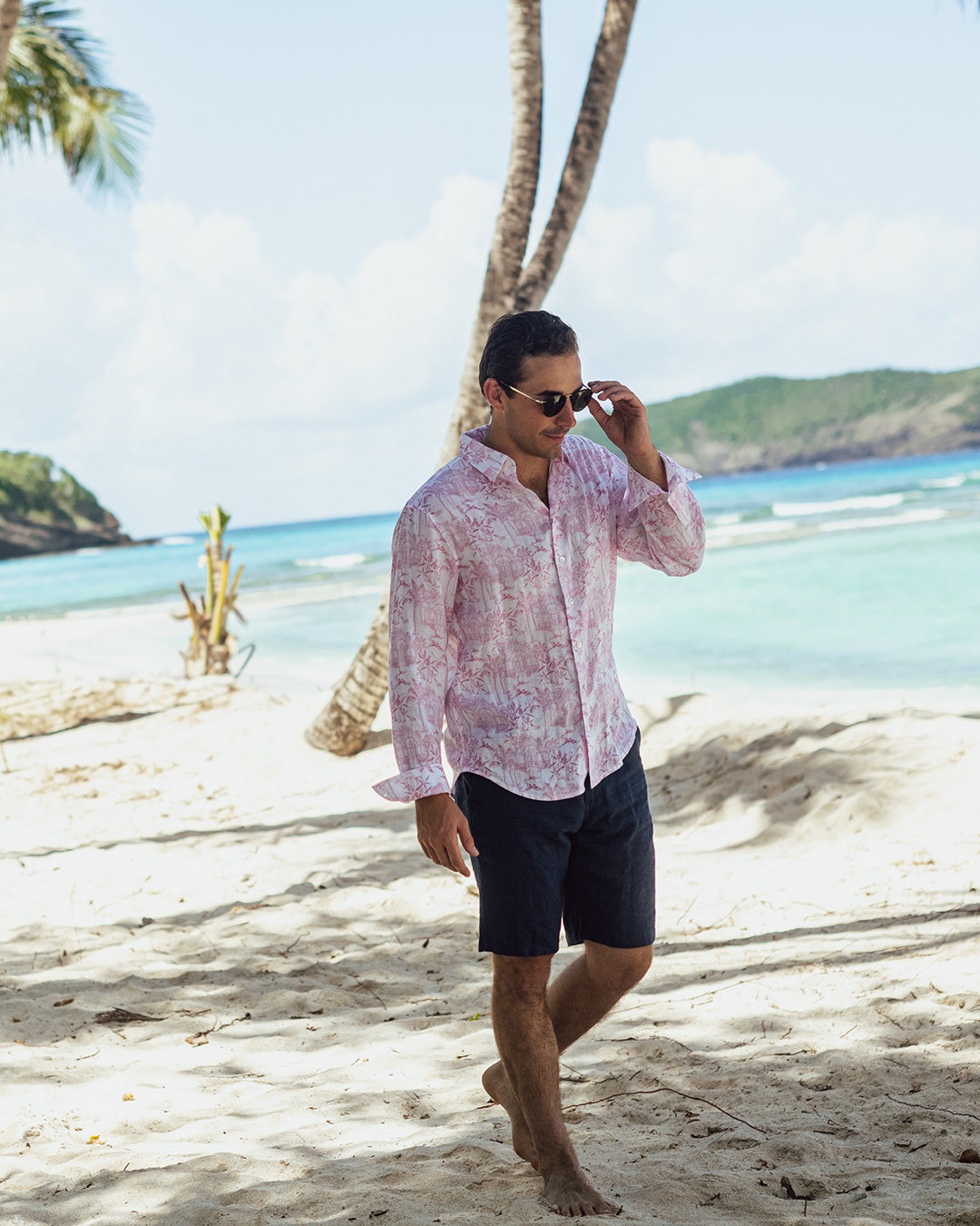 Men's island holiday shirt in signature pink Pink House Toile de Jouy print by Pink House