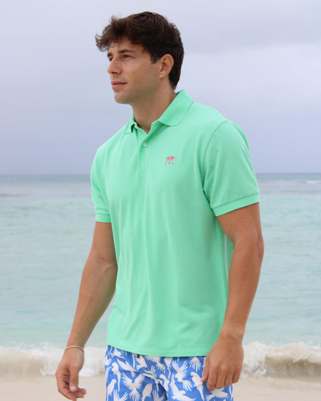 Mens pure cotton green polo shirt holiday life