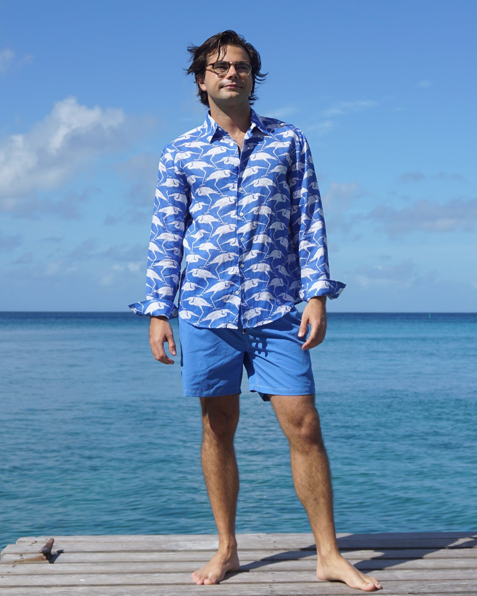 Vacation Shirt Blue Egret print Cotton House pier Mustique