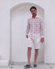 Mens resortwear pure linen shirt in coral and turquoise blue Potted Palm print by Pink House