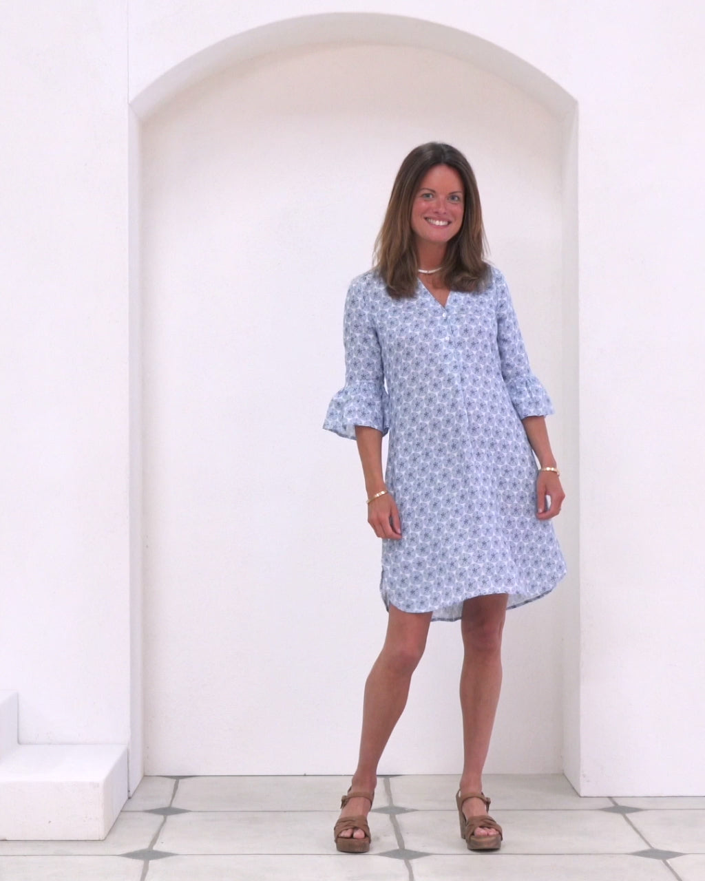 Women's linen Decima dress with frilled cuffs in blue Sand Dollar print, the by Pink House