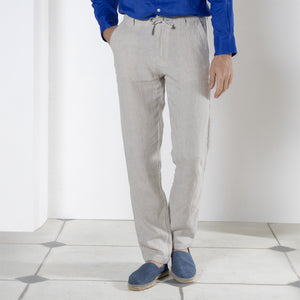 Exceptional quality pure linen pants worn with dazzling blue collarless linen shirt by Pink House resortwear