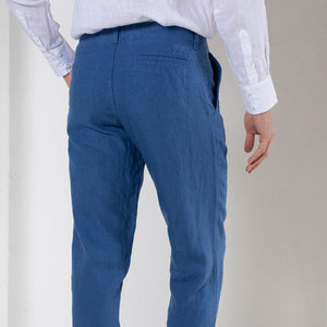 Comfortable island classics casual blue pure linen pants worn with collarless white shirt by Pink House resortwear