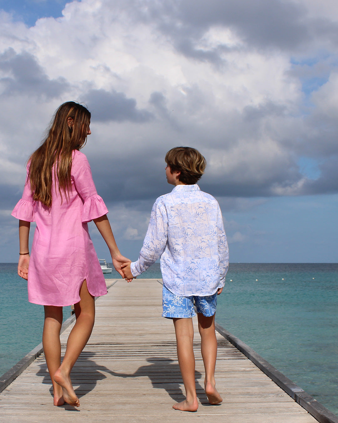 Kids resortwear linen shirt in classic blue Pink House Toile de Jouy print by designer Lotty B