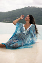 Elegant pool holiday style, chiffon silk Cosima Kaftan in blue Egret design, Lotty B Mustique