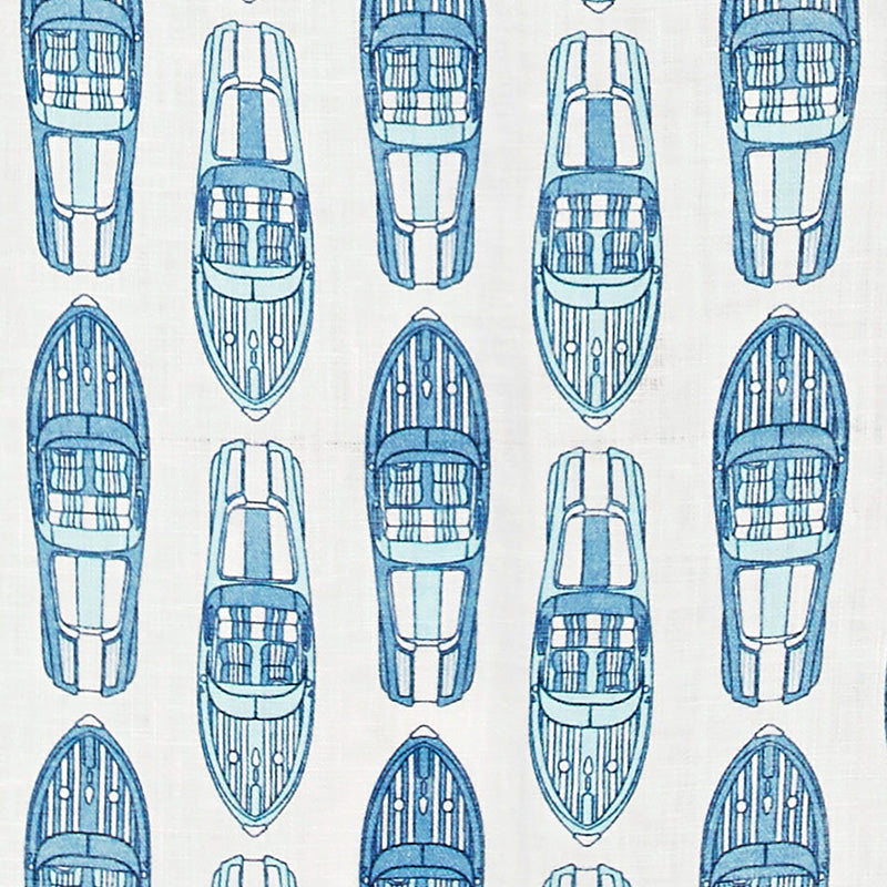 Linen swatch of blue Riva boat print by Pink House