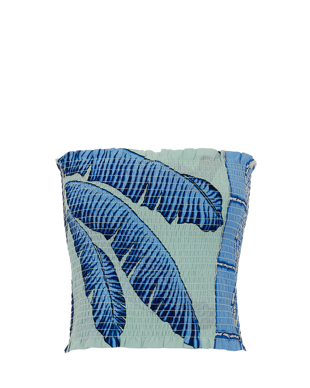 Elasticated shirred silk bandeau top Banana Tree Blue print by designer Lotty B Mustique