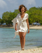 Pure charmeuse silk kaftan classic white short style by designer Lotty B