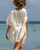 Beautiful vacation beach cover up in pure charmeuse silk, classic white kaftan by designer Lotty B