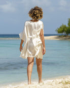 Luxury beach holiday style pure charmeuse silk, classic white kaftan by designer Lotty B