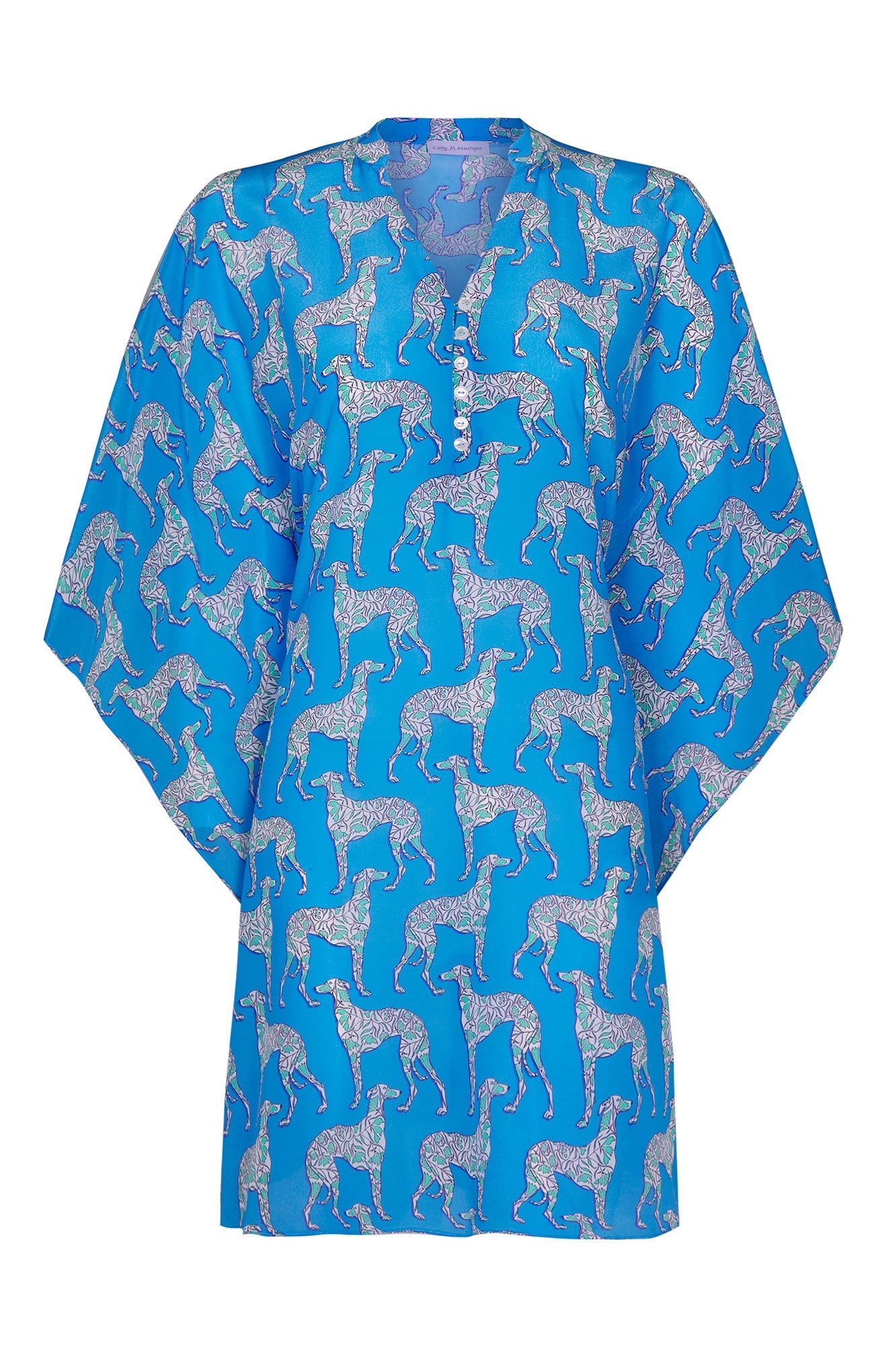 Silk Lotty kaftan in blue & green Lurcher dog design by Lotty B Mustique