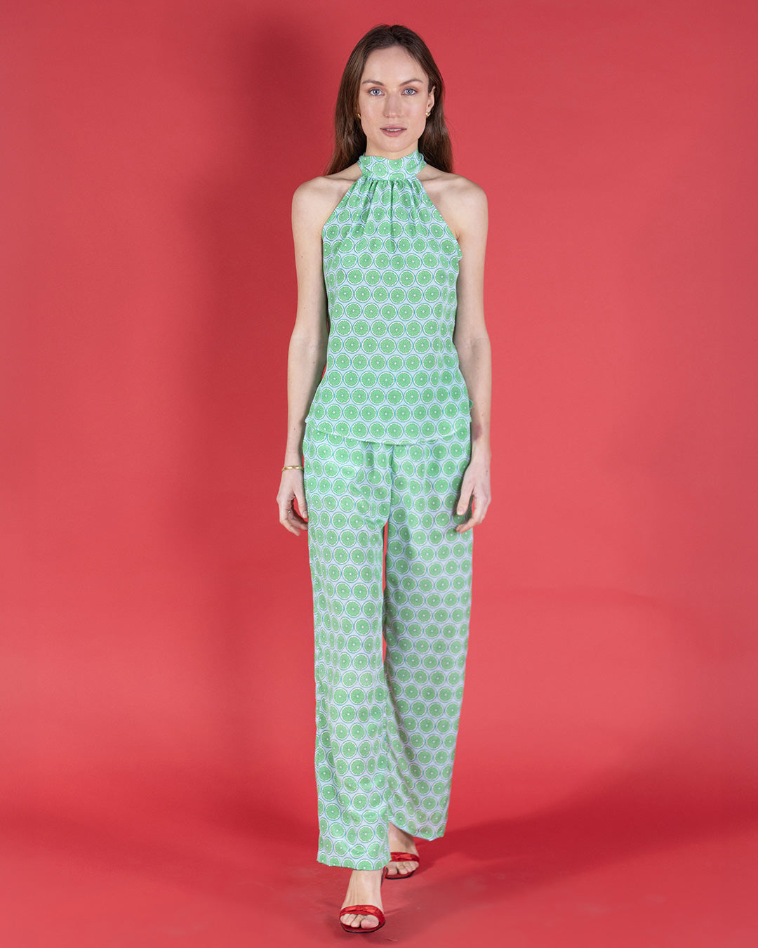 Silk Olivia halterneck top in green Lime Slice crepe-de-Chine silk with matching pants