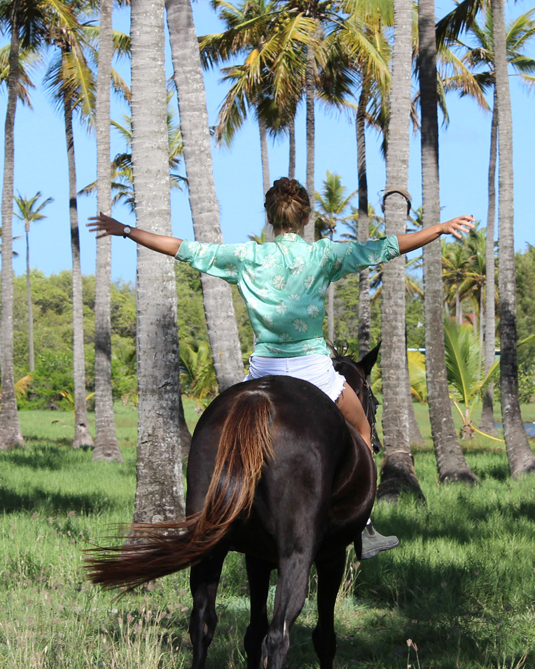 Holiday top, women's silk shirt in green sand dollar print by designer Lotty B Mustique