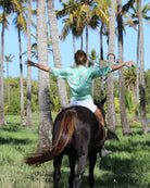 Holiday top, women's silk shirt in green sand dollar print by designer Lotty B Mustique