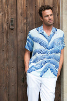 Lotty B mens silk holiday shirt in tropical Banana print in brilliant blues