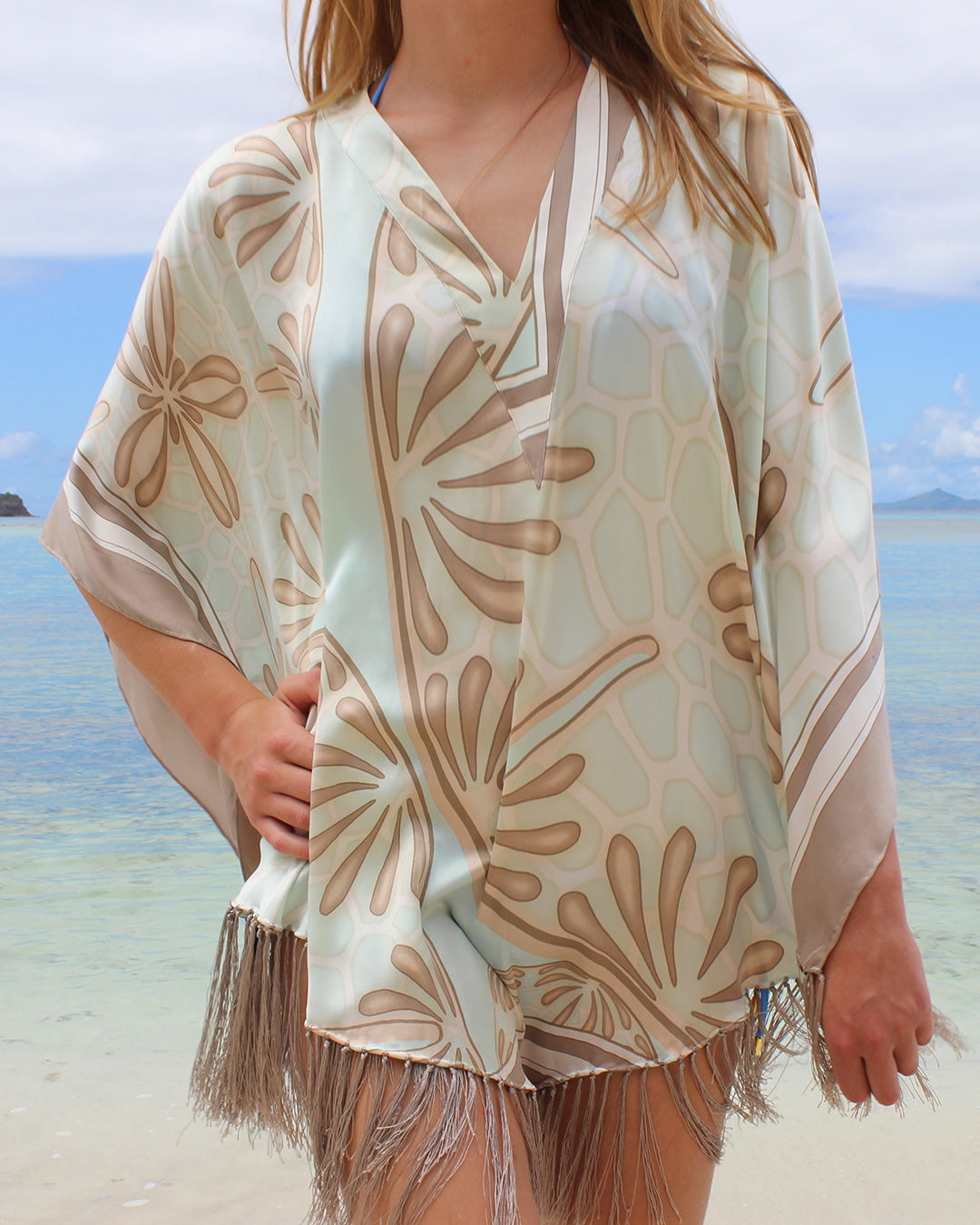 Luxury beach vacation cover-up silk poncho in pale blue and taupe Sand Dollar Crepe-de-Chine by designer Lotty B