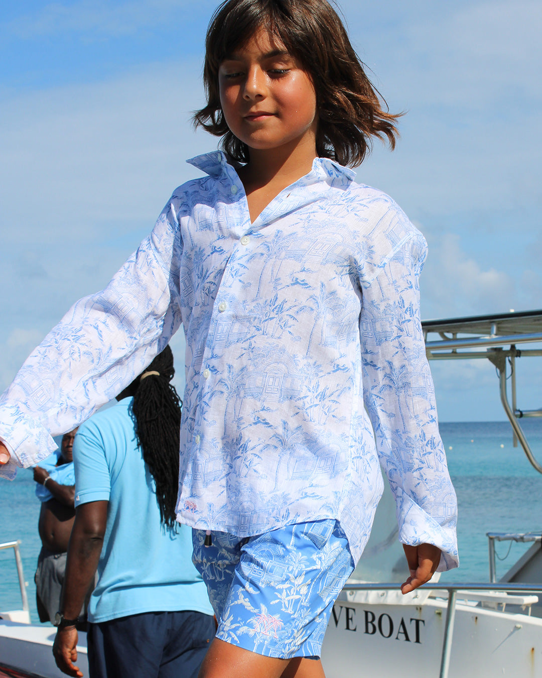 Kids pure linen beach holiday shirt in signature blue Pink House Toile de Jouy print by designer Lotty B