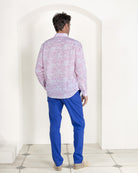 Men's pure linen party shirt in Pink House Toile de Jouy print