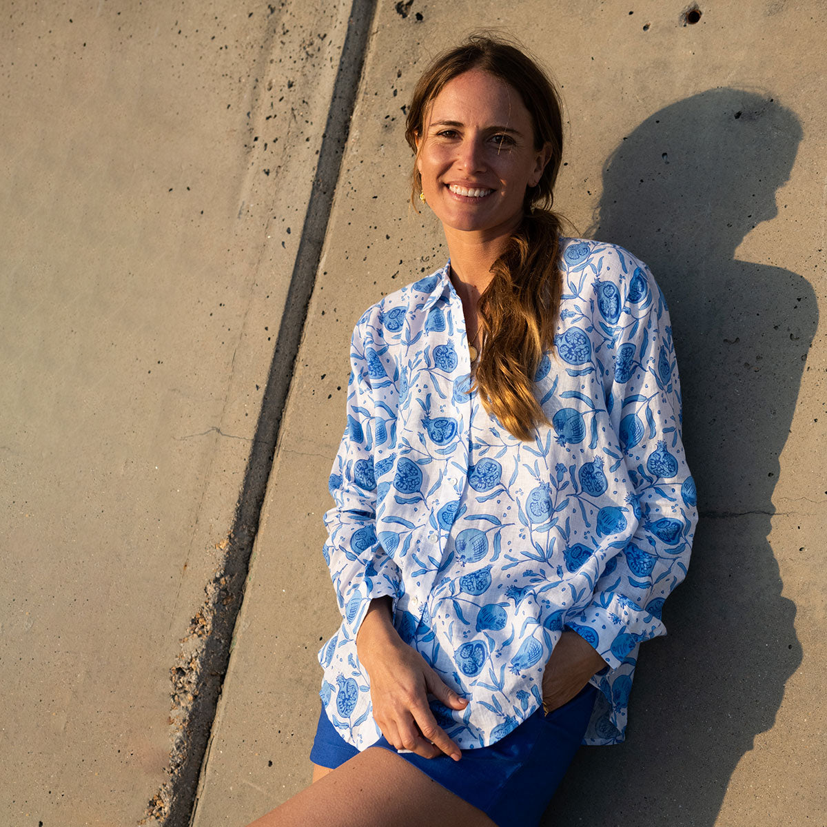 Women's linen shirt cover up in Pomegranate blue print by designer Lotty B