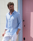 Vacation style mens linen shirt in Shelltop blue print by designer Lotty B