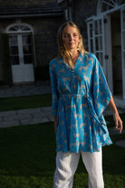 Short stylish beach cover up in blue & green Lurcher dog design by Lotty B Mustique