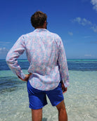 Mens Linen Shirt : MERMAID PINK / BLUE worn with regatta blue swim trunks Mustique