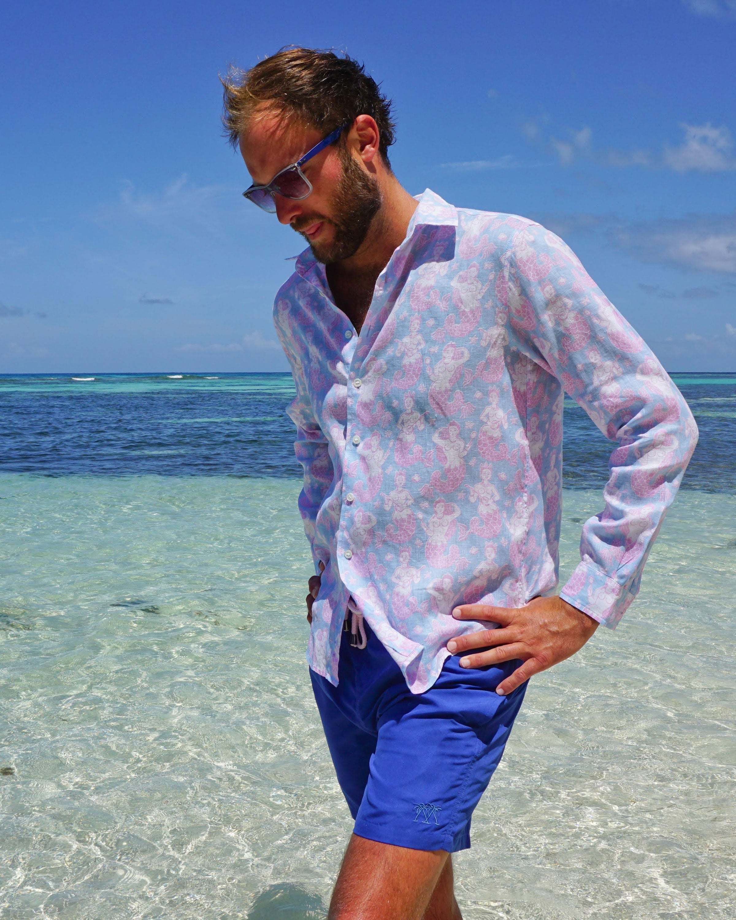 Mens Linen Shirt : MERMAID PINK / BLUE Mustique beach life