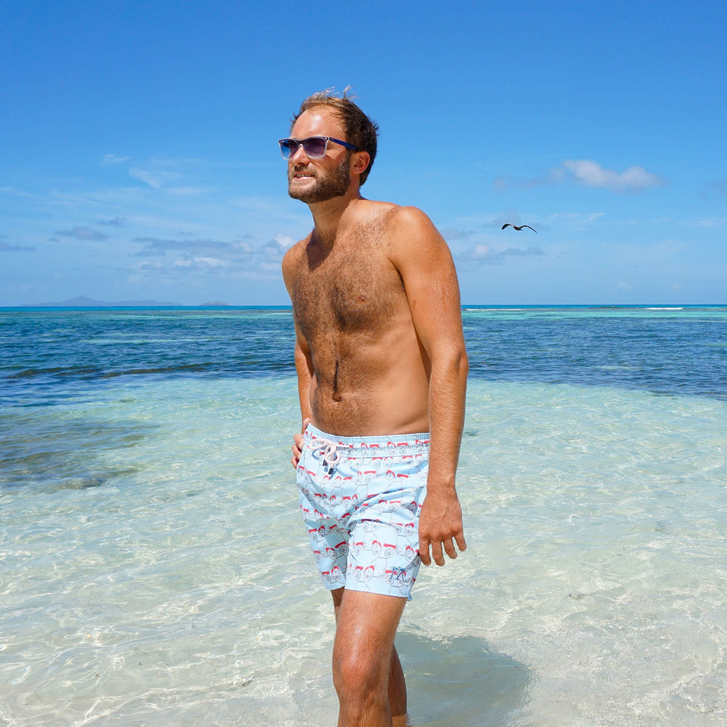 Mens swim trunks : MUSTIQUE MULE - RED island life Mustique