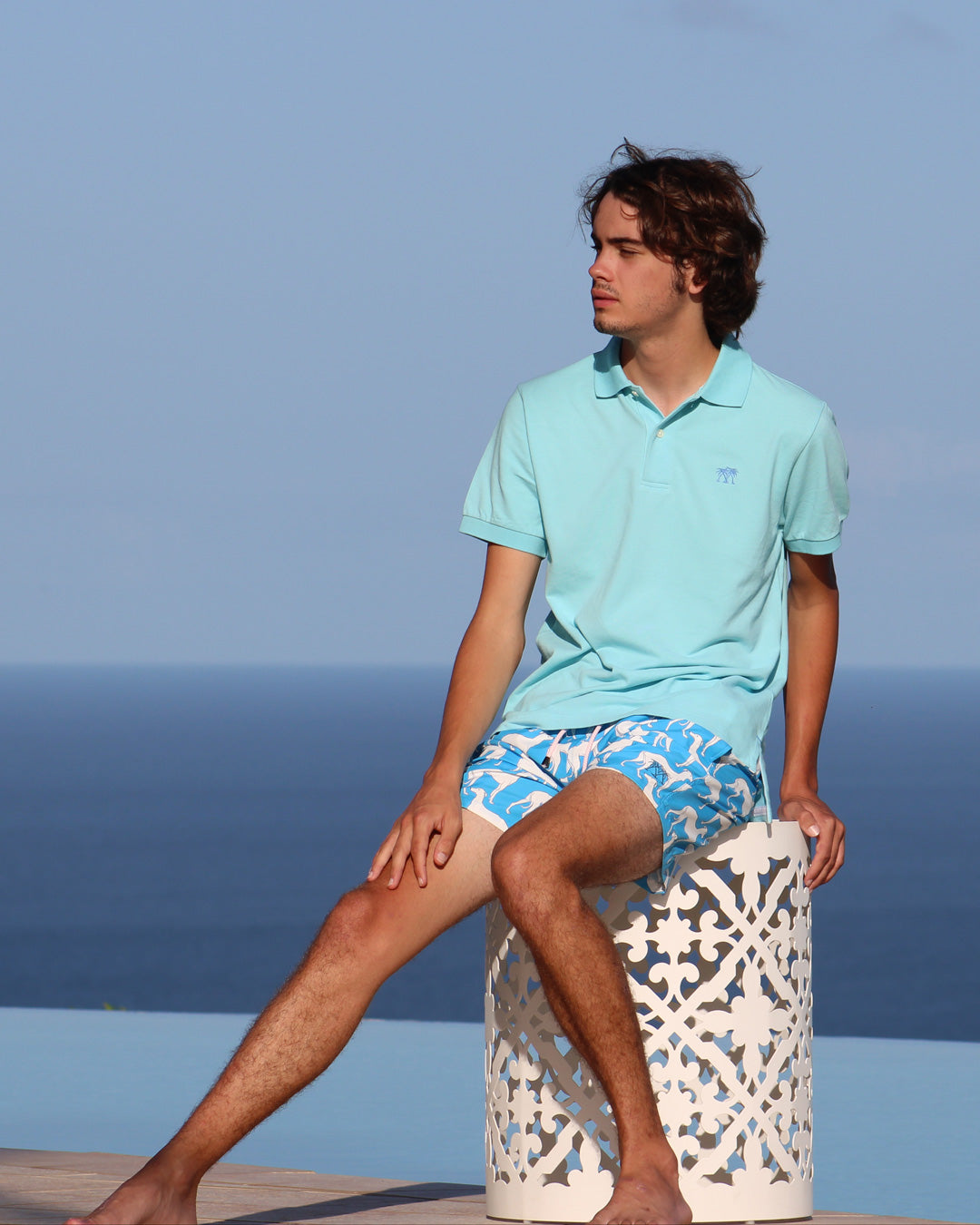 Mens pure cotton pale blue polo shirt vacation villa style