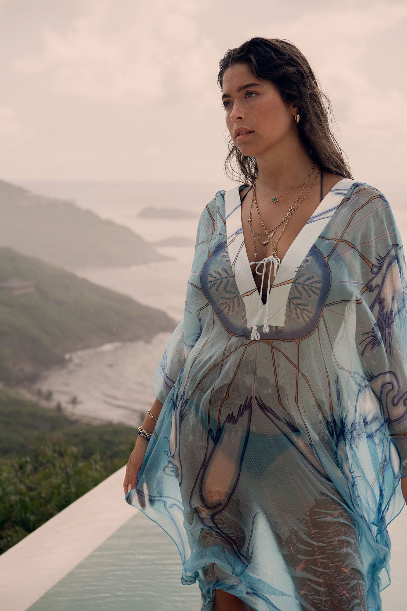 Luxury resort fashion, chiffon silk Cosima Kaftan in blue Egret design, Lotty B Mustique