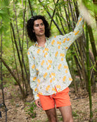 Men's tropical holiday shirt in green and yellow Mango print by Pink House