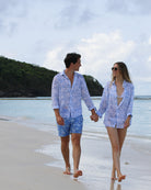 Holiday style on Lagoon beach, Mustique island in signature blue Pink House Toile de Jouy print by designer Lotty B