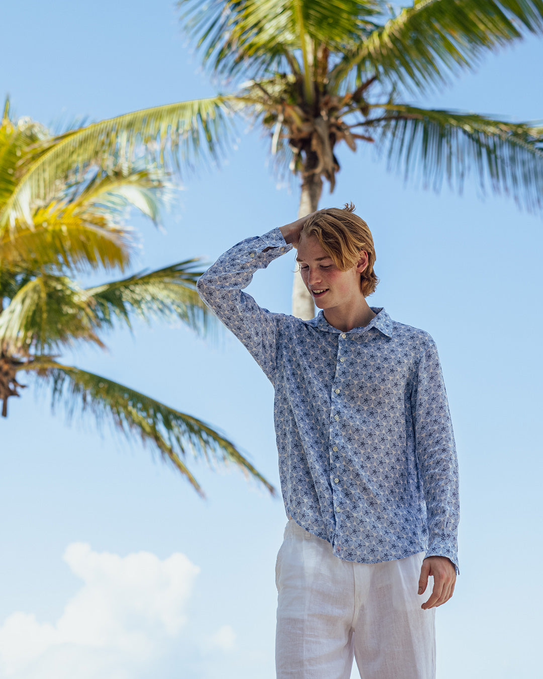 Men's tropical holiday shirt in blue Sand Dollar print by Pink House