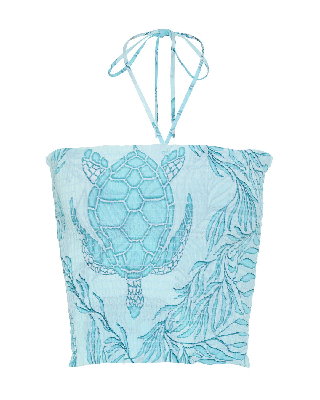 Silk ruffle bandeau top in Turtle aqua blue print by designer Lotty B for Pink House