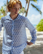 Men's tropical vacation shirt in blue Sand Dollar print by designer Lotty B for Pink House