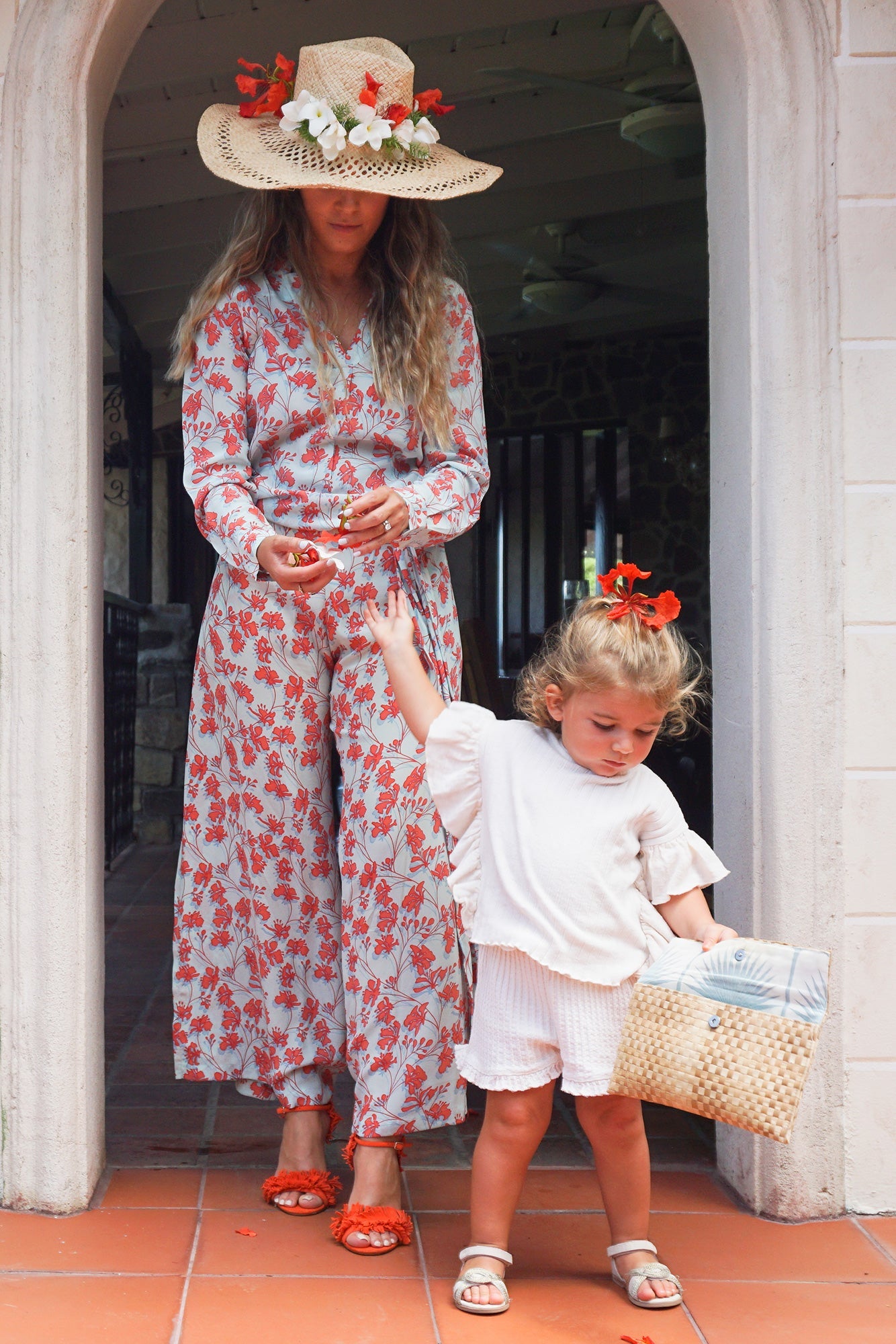 Summer wedding style silk Gabija palazzo pants: Flamboyant flower orange print wide leg trousers