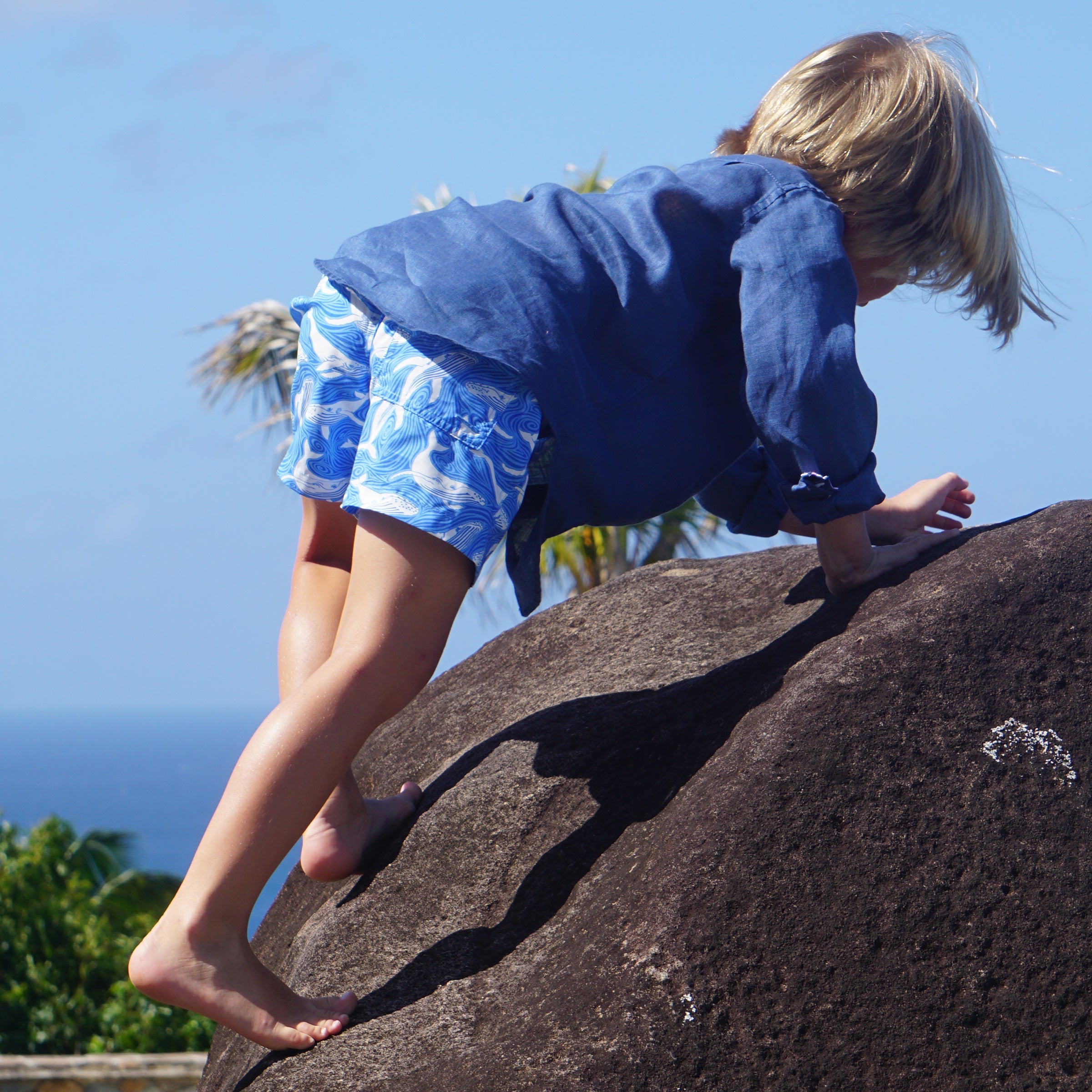 Little boys swim shorts whale print blue by designer Lotty B Mustique