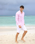 Men's beach vacation shirt in signature pink Pink House Toile de Jouy print by Pink House