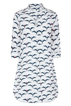 Womens linen holiday dress seaside print Frigate Bird navy blue red & white by Lotty B for Pink House Mustique