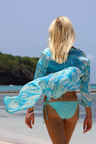 Womens pure silk shirt dress cover up blue leaves design by Lotty B Mustique luxury beach fashion