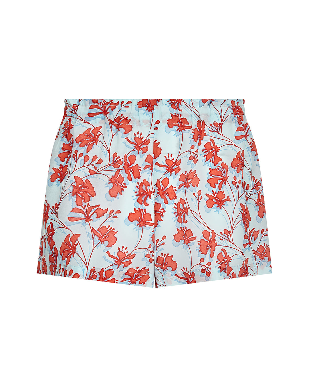 Bed to Beach shorts floral print orange on aqua blue designer Lotty B Mustique