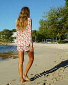 Womens beach style silk Kim blouse in Flamboyant Flower Orange print by designer Lotty B for Pink House