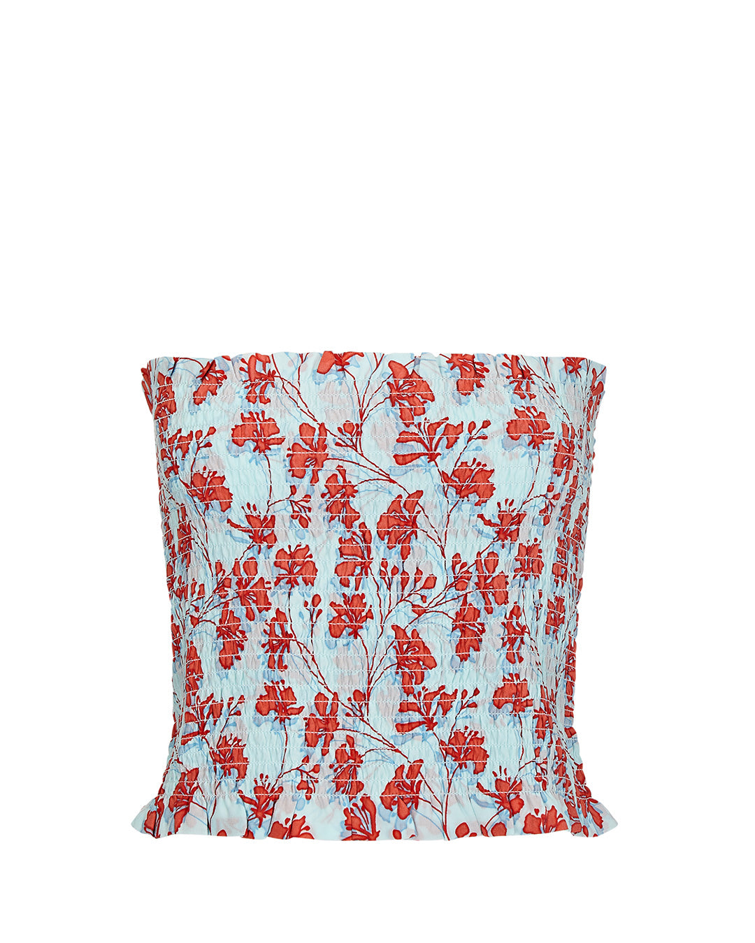 Silk shirred bandeau top in pale blue and orange floral Flamboyant Flower print  by designer Lotty B Mustique