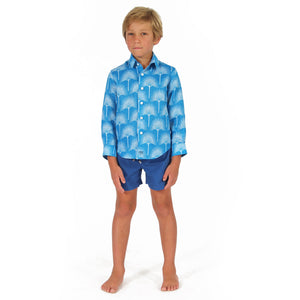 Childrens Linen Shirt: FAN PALM PALE BLUE / MID BLUE, front