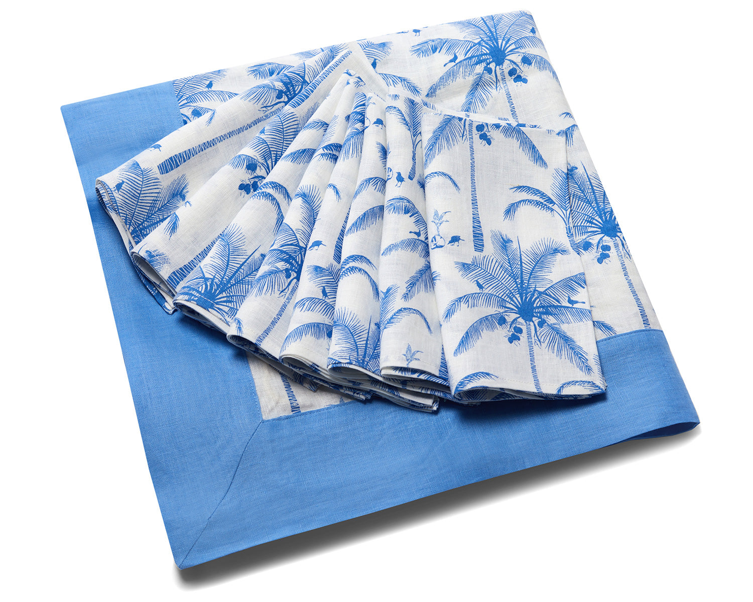 Pure linen tablecloth set with 8 matching napkins in white & blue plantation palms and coconuts print designer Lotty B Mustique