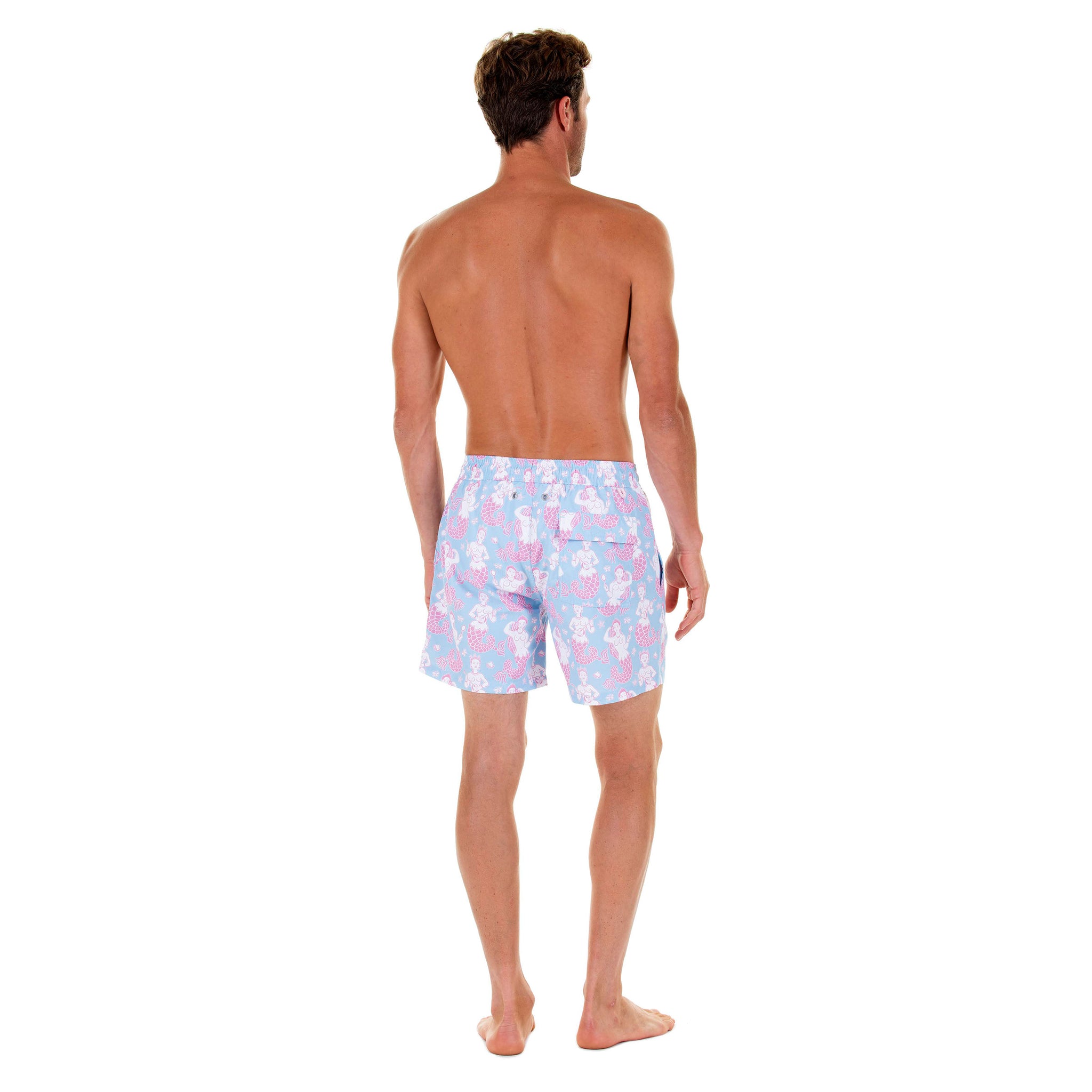 Mens swim shorts: BEETLE - RED / PALE BLUE - Pink House Mustique
